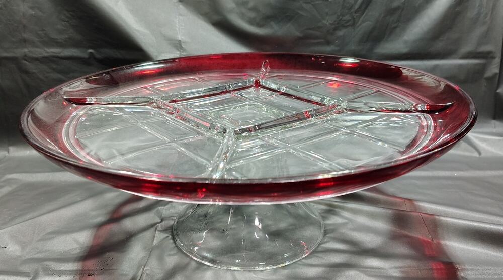 Indiana cranberry Ruby Flash Glass Relish 5 Divider Pedestal Serving Dish 12"